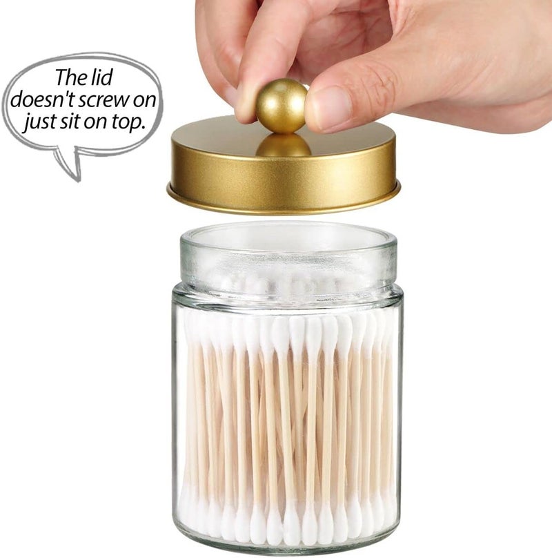 Komashr Apothecary Jar Canisters Bathroom Vanity Organizer - Qtip Holder Storage Organizer Countertop -Stainless Steel Lids &Cute Stickers for Qtips,Cotton Swabs,Makeup Sponges,Floss(3 Pack) (Gold) - Image 3